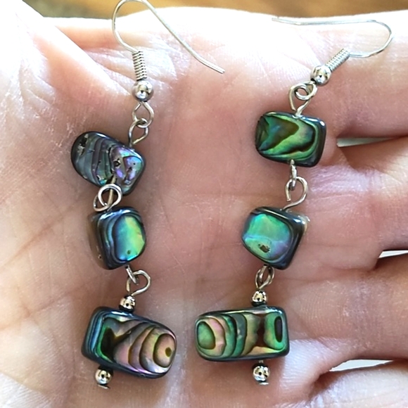 VINTAGE TRIPLE SQUARE RAINBOW ABALONE SHELL DANGLE DROP HOOK 2.5" EARRINGS - Picture 2 of 10